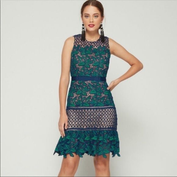 Belle Badgley Mischka deanndra leaf dress blue green - Picture 1 of 13